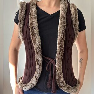 Y2K Chocolate Brown Boho Cardigan Faux fur Cottagecore Cableknit Vest - Medium